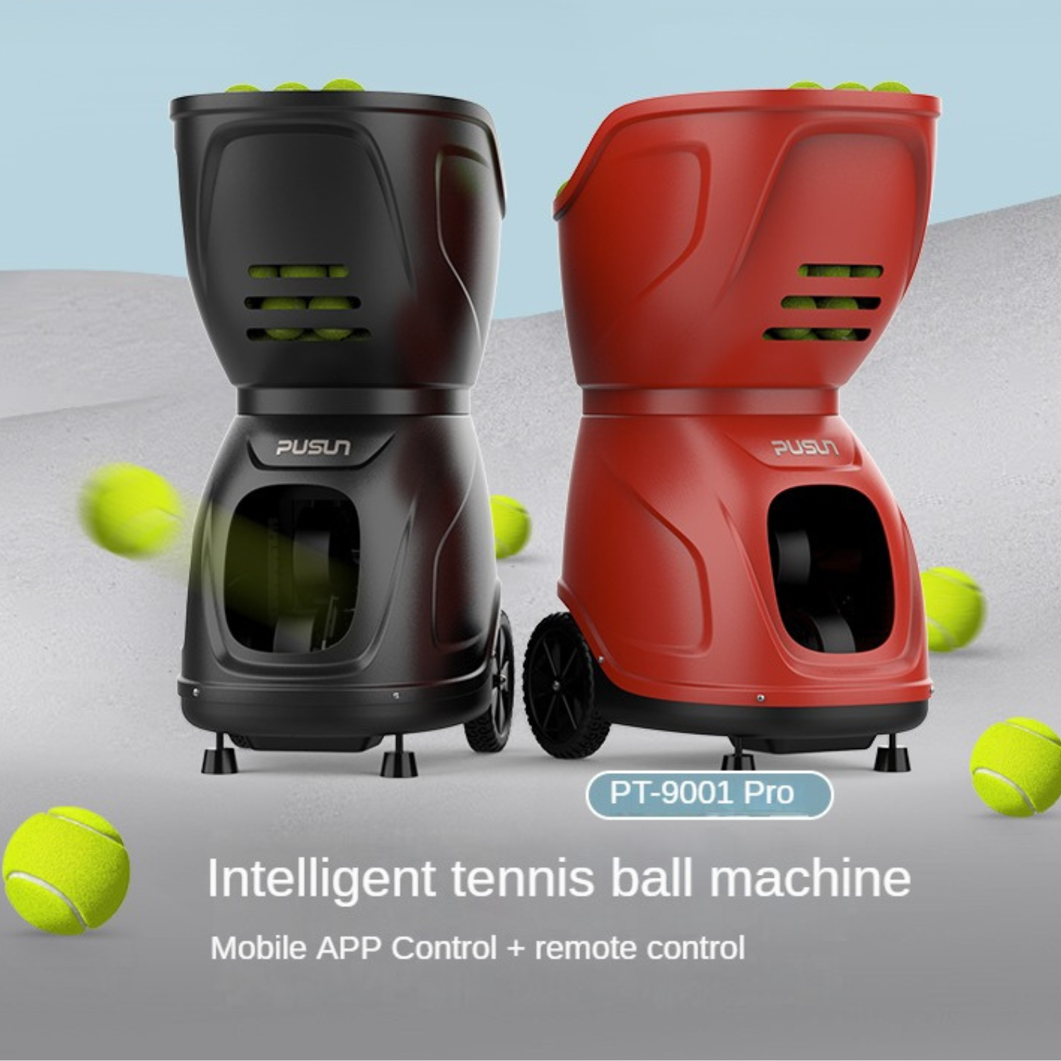 Tennis players using the PT-9001 Tennis Ball Machine for targeted drills, showcasing its automatic ball feeding system